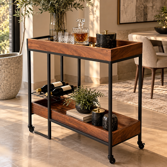 Carrito de servicio para bebidas de madera de parota y metal